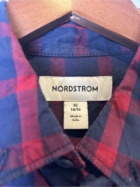 Nordstrom Boys XL 14/16 Navy & Red Plaid Button-Down Shirt